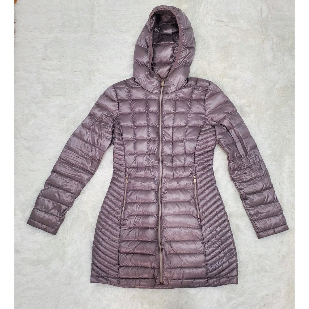 Calvin Klein Womens Lightweight Hooded Packable Long Puffer Coat Small Shine Fig